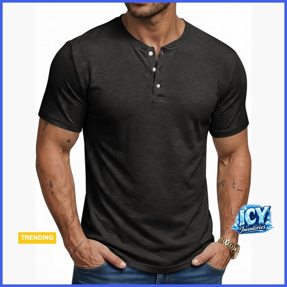 Polyester Blend Henley Shirt Short Sleeve Slim Fit Stretch T-Shirt